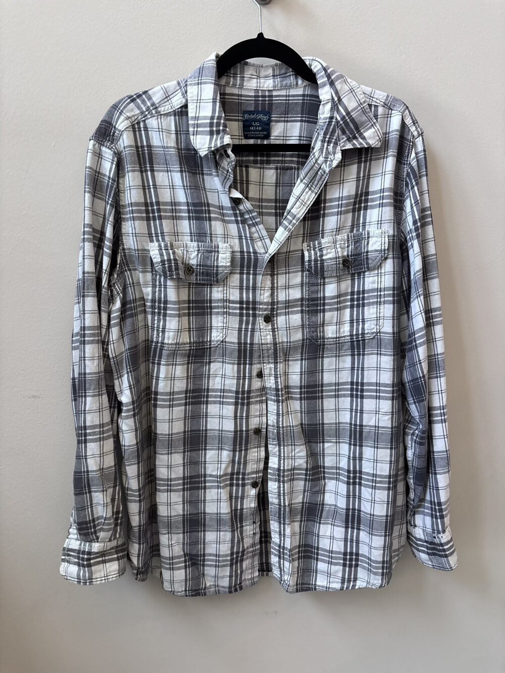 Faded Glory Gray White Plaid Flannel Shirt Size Large 14-16